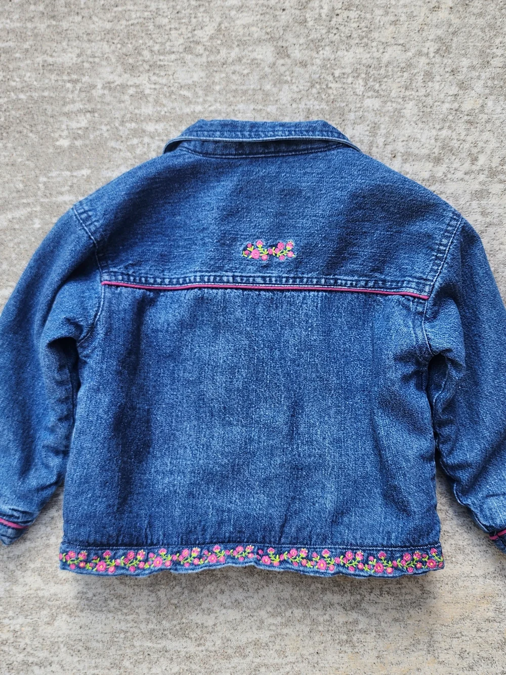 VTG Sesame Street Y2K Kid Girl Blue Denim Jacket, Pink Floral Cottage Trim Sz 3T